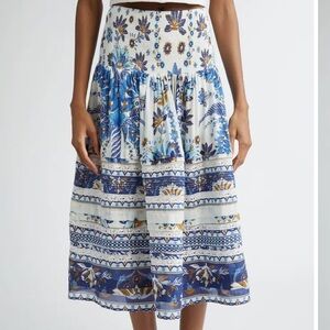 Farm Rio Ana Tapestry Mixed Print Cotton Blend Skirt (Blue & White)